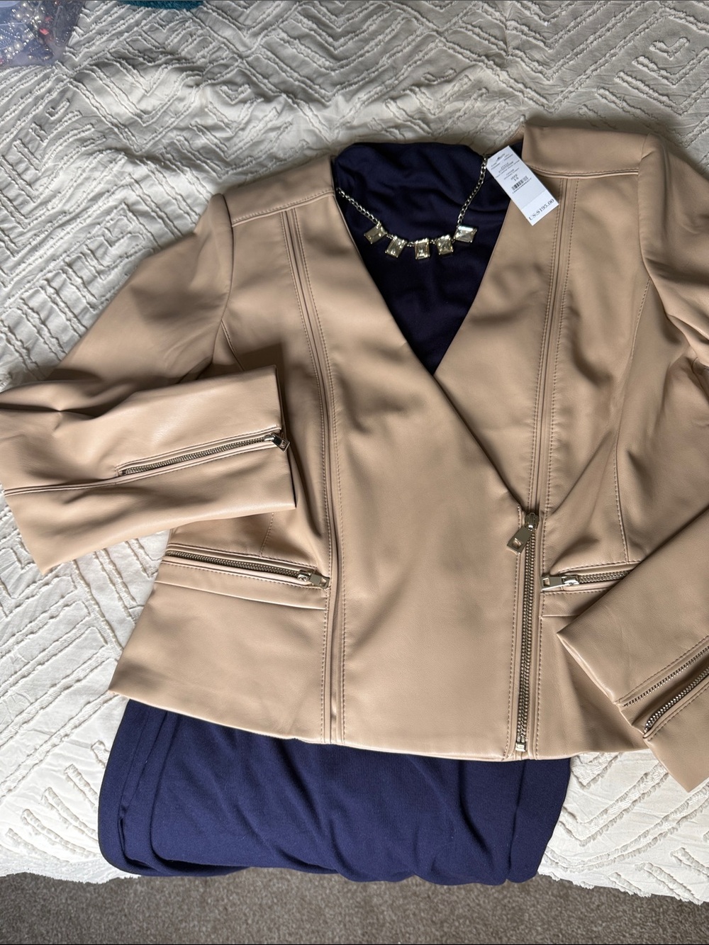 White House Black Market Taupe Faux Leather Zip Moto Jacket